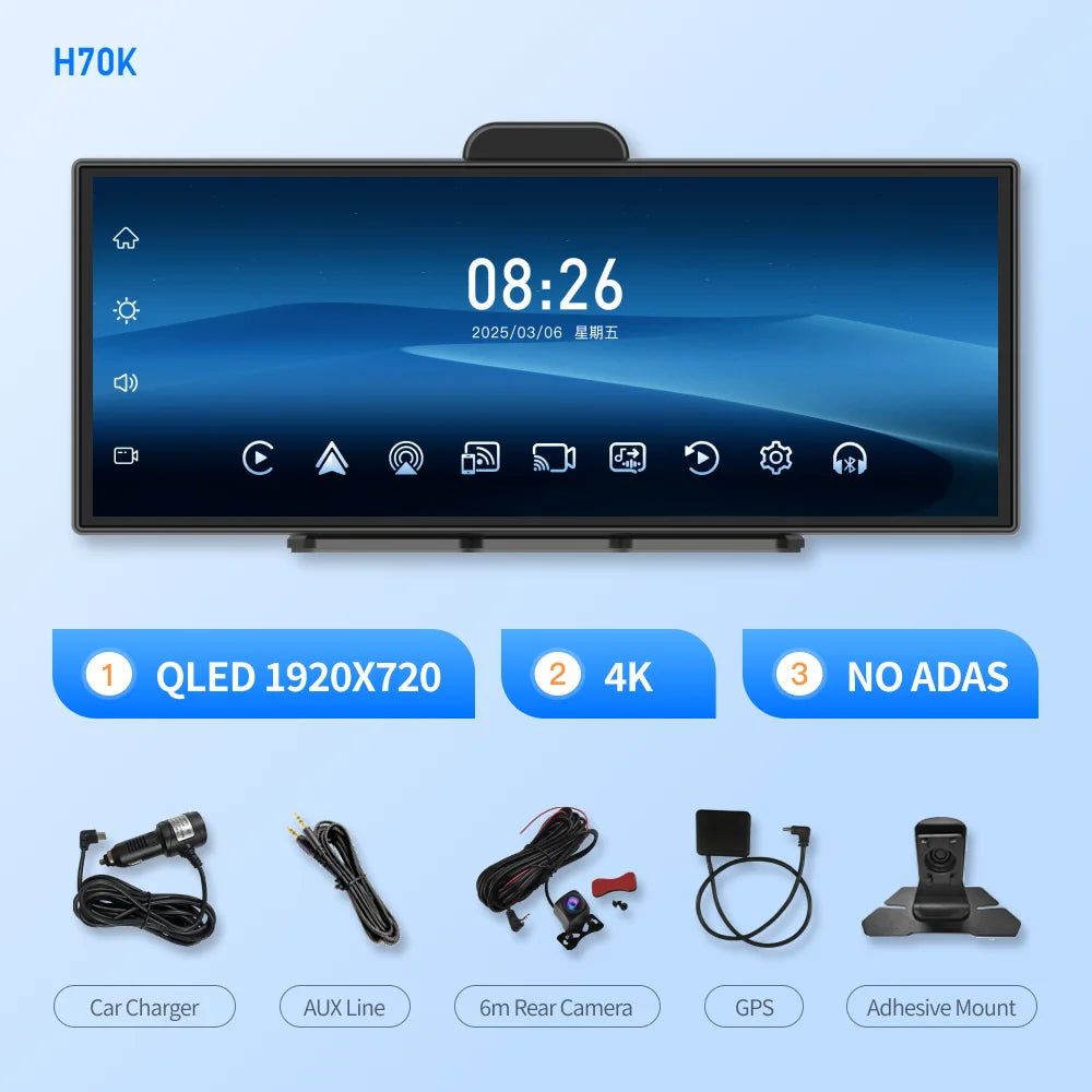 Imagebon H70K 11.4" 4K Dashcam Wireless CarPlay & Android Auto Dual Recording WiFi GPS Navigation AI Voice Night Vision Car DVR