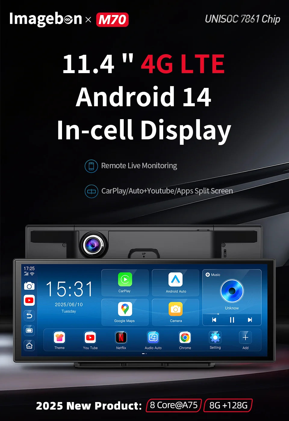 Imagebon M70 11.4" 4G Android 14 8+128G Dashcam 8 Core Wireless CarPlay & Android Auto Split Screen Remote Monitoring Car DVR