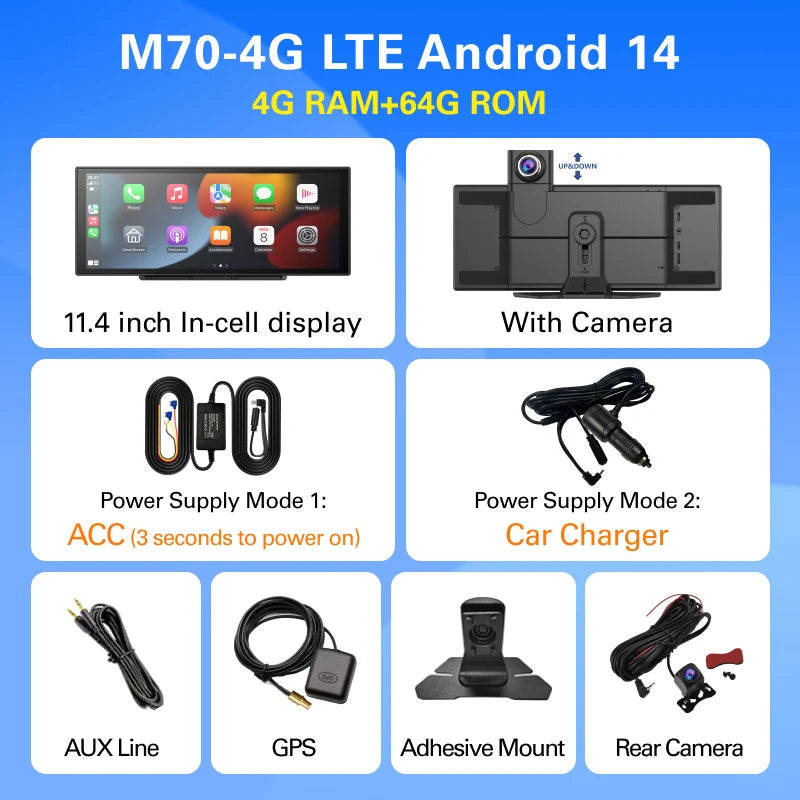 Imagebon M70 11.4" 4G Android 14 8+128G Dashcam 8 Core Wireless CarPlay & Android Auto Split Screen Remote Monitoring Car DVR