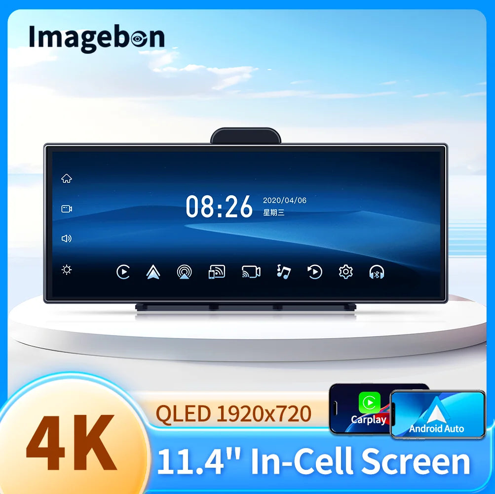 Imagebon H70K 11.4" 4K Dashcam Wireless CarPlay & Android Auto Dual Recording WiFi GPS Navigation AI Voice Night Vision Car DVR