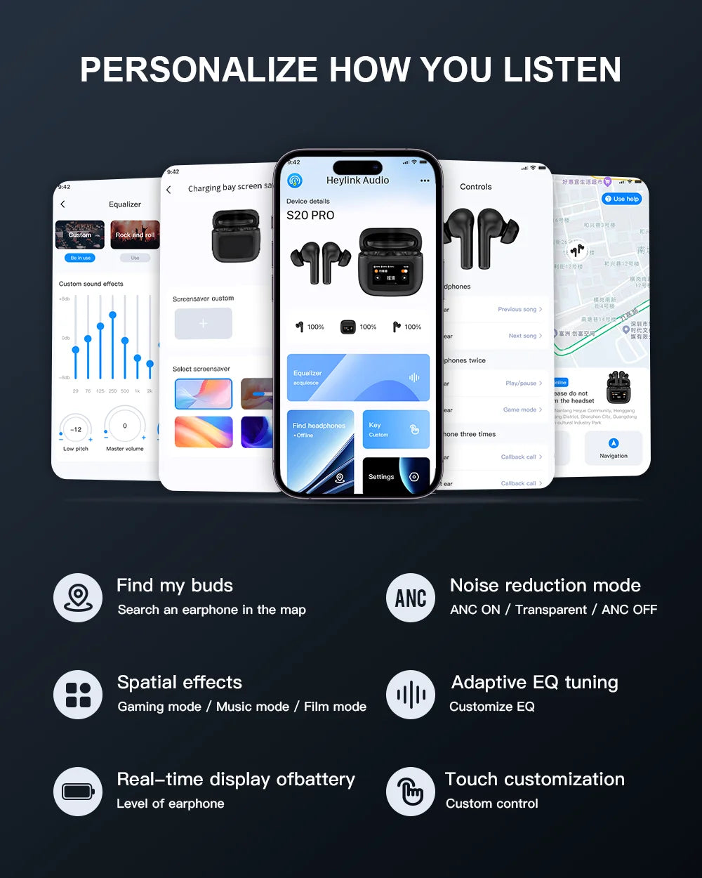 Beatfade S20 PRO Touch Screen ANC Wireless Earphones TWS Noise Cancelling Earbud Bluetoth 5.3 Support APP Long Battery life HiFi