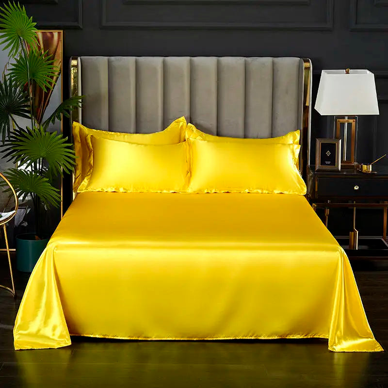 Bonenjoy 1 pc Bed Sheet Yellow Color Plain Dyed Satin Polyester Flat Sheets Queen Size sabanas cama 90 Single Top Sheets