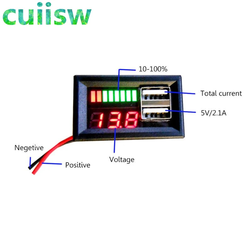 Red LED Digital Display Voltmeter Mini Voltage Meter Battery Tester Panel For DC 12V Cars Motorcycles Vehicles USB 5V2A Outputv