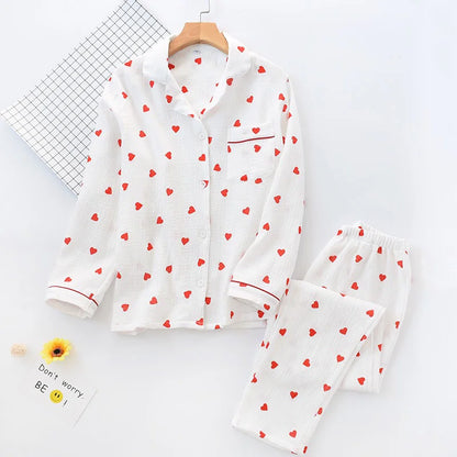 Spring New Ladies Pajamas Set Heart Printed Crepe Cotton Double-layer Gauze Turn-down Collar Long-sleeve Trousers Household Wear