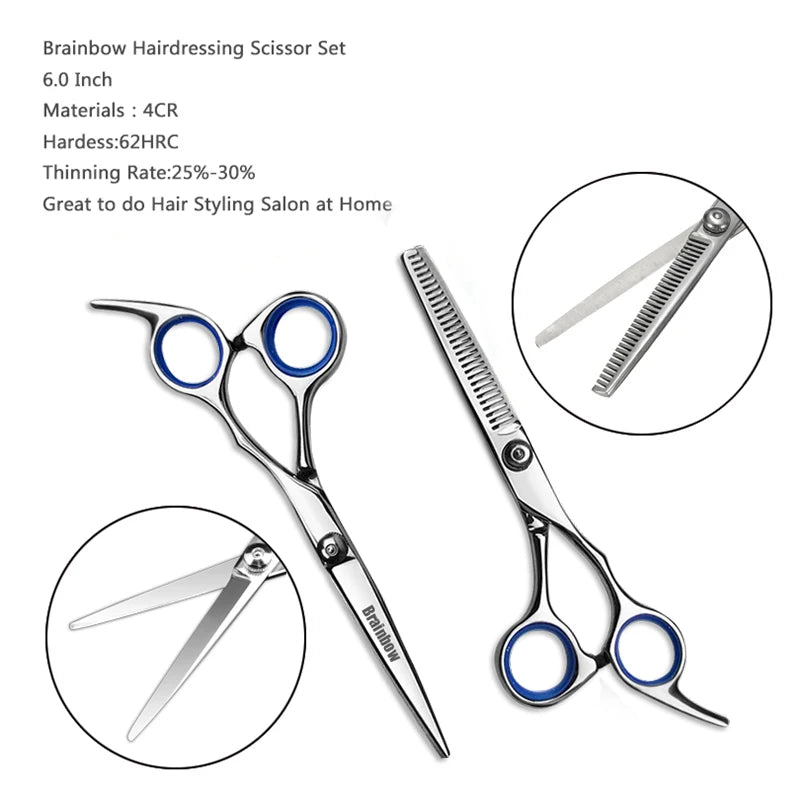 Brainbow 6 inch Cutting Thinning  Styling Tool Hair Scissors Stainless Steel Salon Hairdressing Shears Regular Flat Teeth Blades