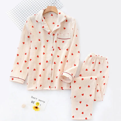 Spring New Ladies Pajamas Set Heart Printed Crepe Cotton Double-layer Gauze Turn-down Collar Long-sleeve Trousers Household Wear