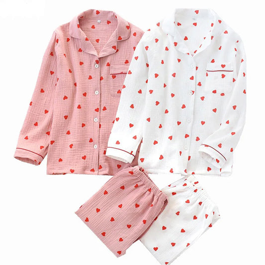 Ensemble pyjama de printemps pour femmes, en crêpe de coton imprimé cœur, Double couche de gaze, col rabattu, manches longues, pantalon, vêtements de maison, nouvelle collection