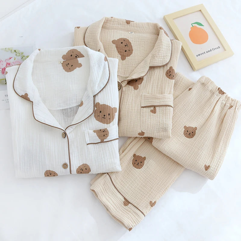 Spring Summer Autumn Couple Pure Cotton Cute Pajamas Set Sleepwear Female Long Sleeve Pijama Suit Loungewear Crepe Ladies Pyjama