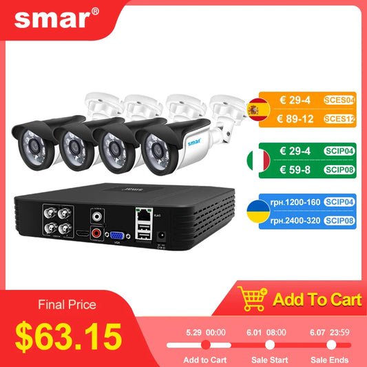 Smar 5 in 1 AHD Camera Kit 5MP 1080P  Video Recorder Surveillance System Outdoor Security 4CH CCTV System Camera Email Alarm