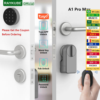 RAYKUBE A1 Pro Max Tuya BEL Smart Electronic Door Lock Set with Fobs/Wireless Keypad/Smart Key Smart Life/Tuya APP Remote Unlock