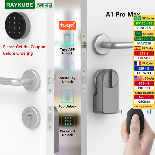 RAYKUBE A1 Pro Max Tuya BEL ensemble de serrure de porte électronique intelligente avec Fobs/clavier sans fil/clé intelligente vie intelligente/application Tuya déverrouillage à distance