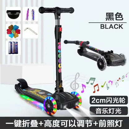 Children Scooter 3 Wheel Scooter with Light Up Flash Wheels Music Scooter For 2-8 Year Kids Adjustable Height Foldable Scooter