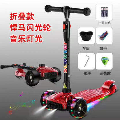 Children Scooter 3 Wheel Scooter with Light Up Flash Wheels Music Scooter For 2-8 Year Kids Adjustable Height Foldable Scooter