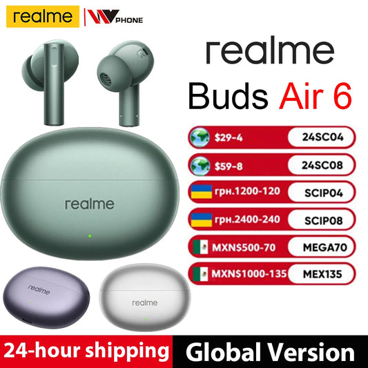 Global Version realme Buds AIR 6 True Wireless Earphone 50dB Active Noise Cancelling Bluetooth5.3 Earphone 40 Hours Battery Life