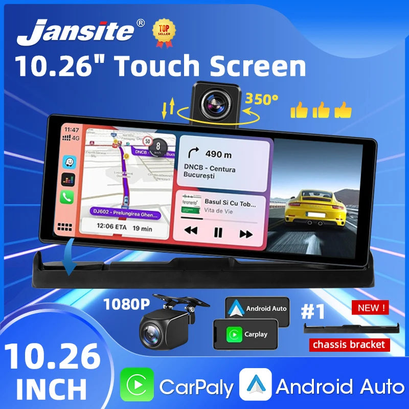 10.26" 4K Dash Cam Carplay Android Auto GPS 5G WIFI FM BT Car Dvr 350 ° Rotation Dual Lens Dashcam Truck Camera Drive Recorder