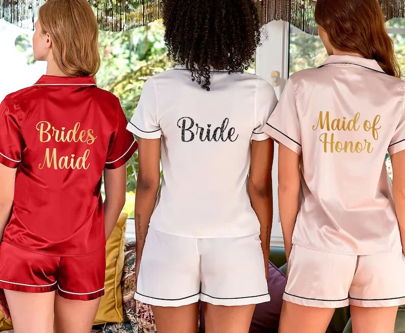 Bridal Personalized Bride Pajamas Set Bridal Pajama Monogram Bride PJ Set Satin Bridesmaids Short Pants Maid of Honor Gifts