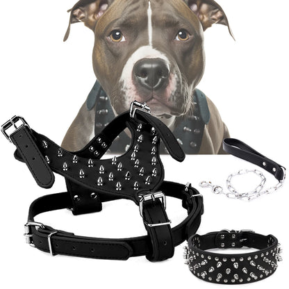 Dog Collar Dog Harness with Spiked and Chain Leash Set for Medium Large Breeds Pitbull Mastiff Bulldog Anti-bite Accessories