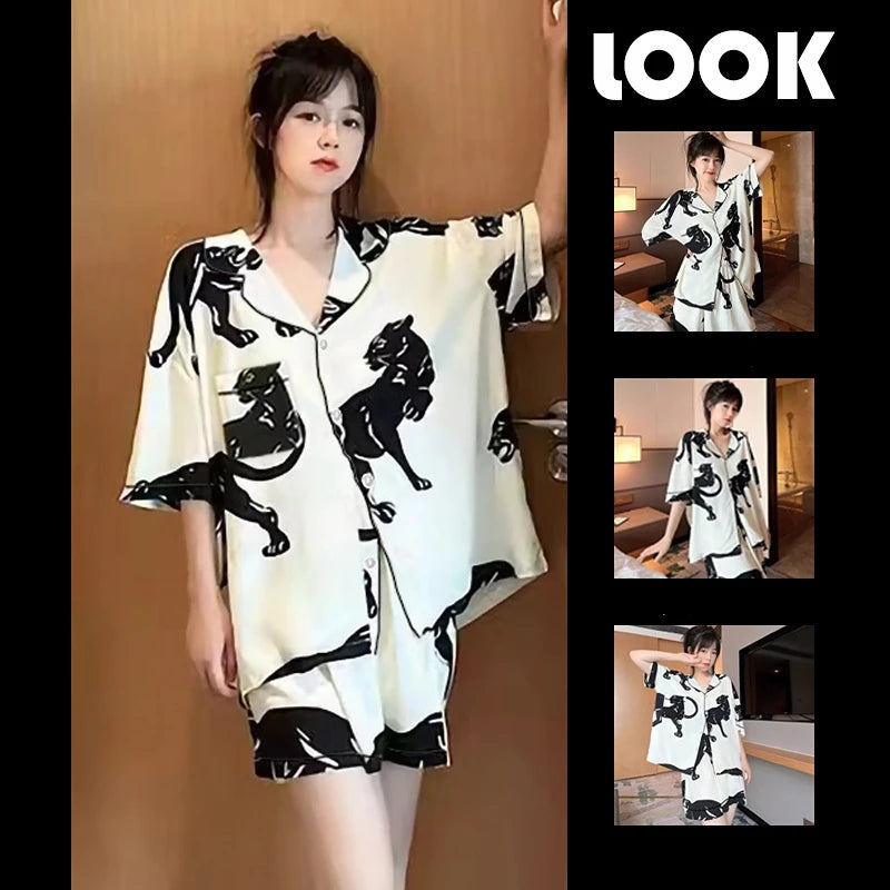 Cartoon Cute Puppy Print Women's Summer Pajamas Korean Kawaii Fashion Two-piece Lounges 2024 New Simulated Silk Female Nightgown