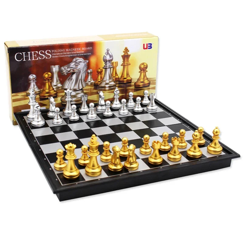 Medieval Folding Classic Chess Set With Chessboard 32 Pieces Gold Silver Magnetic Chess Portable Travel Games For Adults Kid Toy