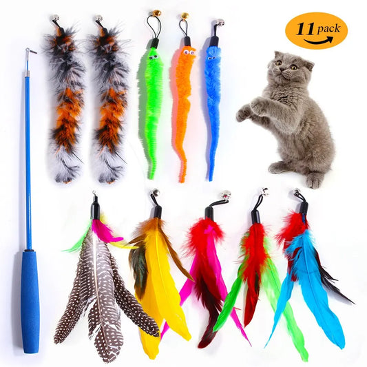 Ensemble de jouets en plumes de chat de remplacement, 11 pièces, tête de remplacement, bâton rétractable pour chat, produits pour chats