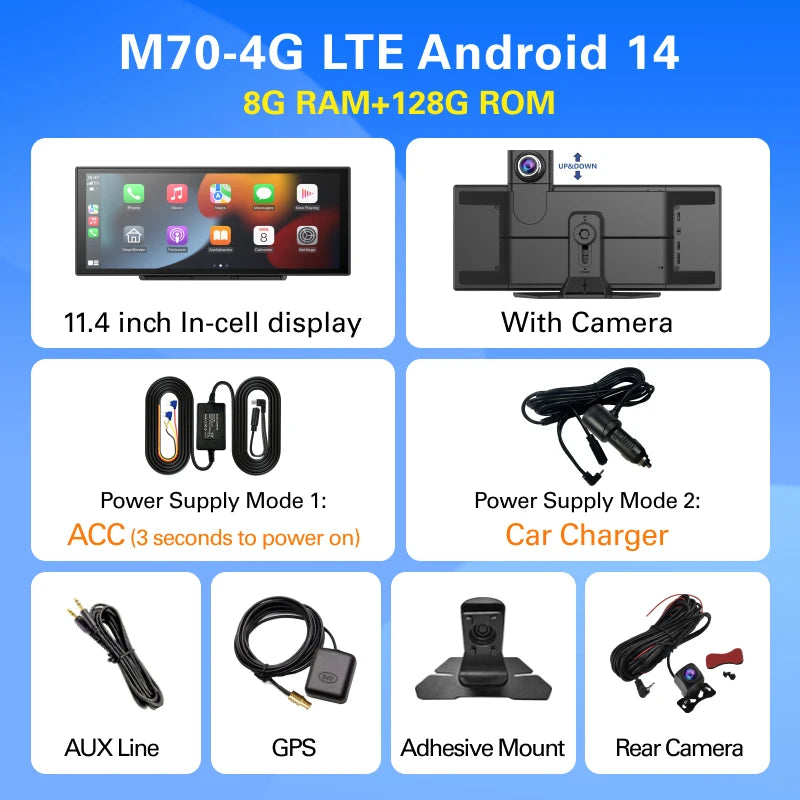 Imagebon M70 11.4" 4G Android 14 8+128G Dashcam 8 Core Wireless CarPlay & Android Auto Split Screen Remote Monitoring Car DVR