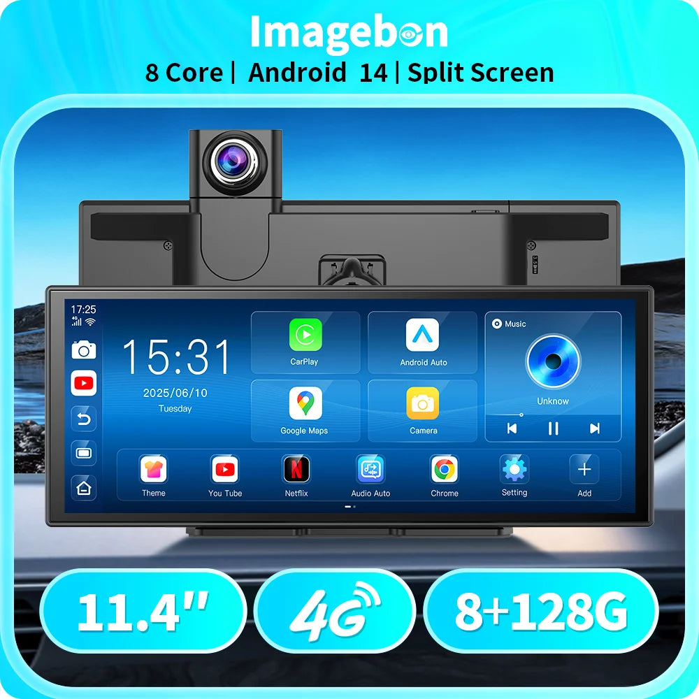 Imagebon M70 11.4" 4G Android 14 8+128G Dashcam 8 Core Wireless CarPlay & Android Auto Split Screen Remote Monitoring Car DVR