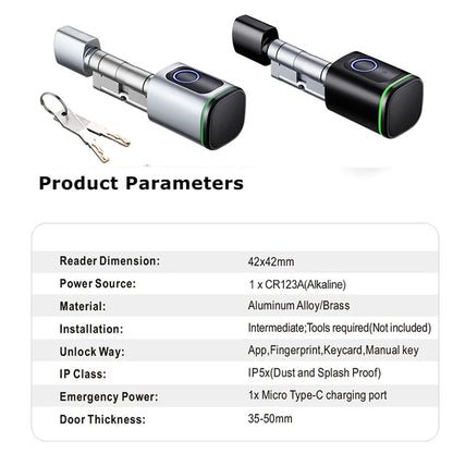 Tuya Bluetooth Ttlock App Biometric Fingerprint RFID Card Euro Cylinder Lock Electronic Smart Door Lock Keyless Old Door Replace