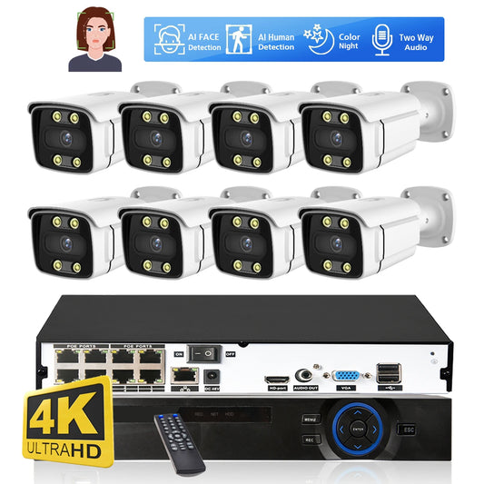 8CH POE NVR 4K Security Camera System 8MP Face Detect Color Night Vision IP Camera POE 2K Two Way Audio Video Surveillance Set