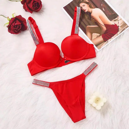 Ensemble soutien-gorge et string Push Up à bretelles tendance, Lingerie en strass, soutien-gorge confortable, sous-vêtements froncés réglables, vente en gros