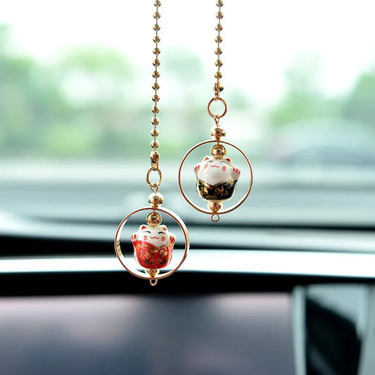 Cute Lucky Cat Charm Car Pendant Automobiles Rearview Mirror Suspension Decoration Accessories Hanging Pendant Gifts for Girls