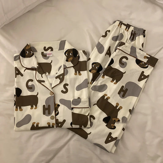 Spring Summer 2024 Cute Women's Pajamas Set Dachshund Print Cotton Two Pieces Short Sleeve Tops Full Length Pants Sleepwear 3991