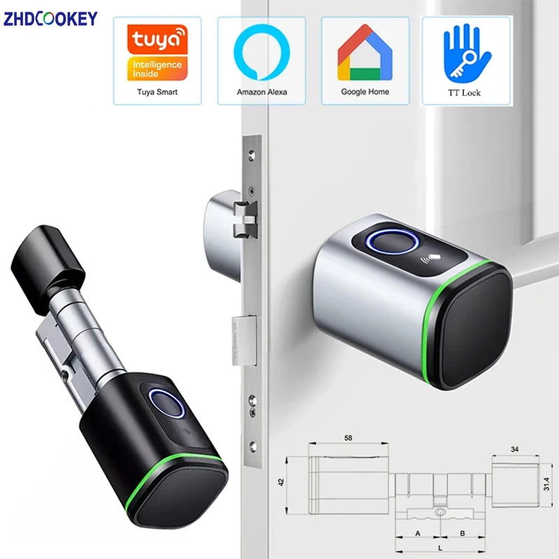 Tuya Bluetooth Ttlock App Biometric Fingerprint RFID Card Euro Cylinder Lock Electronic Smart Door Lock Keyless Old Door Replace