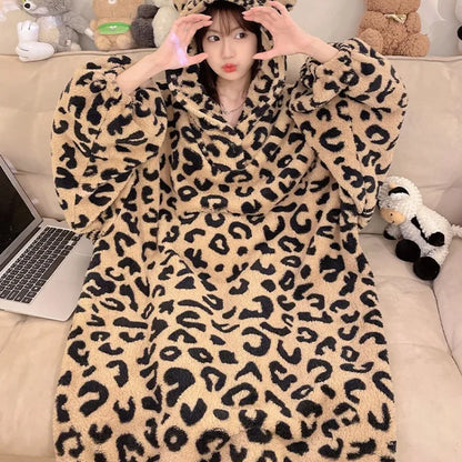 Winter New Hooded Pullover Night-robe Women's Pajamas Set Plush Soft Warm Home Suit Cute Leopard Print Loungewear Women Set