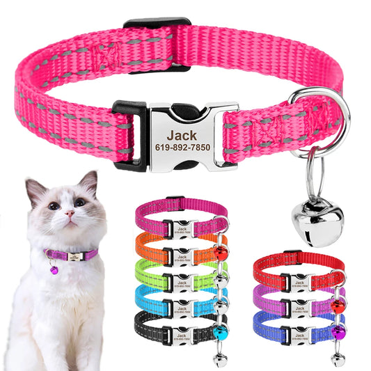 Personalisiertes Katzenhalsband, reflektierendes Nylon, Hunde-/Katzen-ID-Halsband mit Glöckchen, kostenlose Gravur für Katzen, kleine Hunde, Chihuahua, 10 Farben