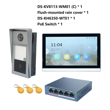 HIK Multi-language 802.3af POE Video intercom KIT,include DS-KV8113-WME1(C) & DS-KH6350-WTE1 & PoE Switch