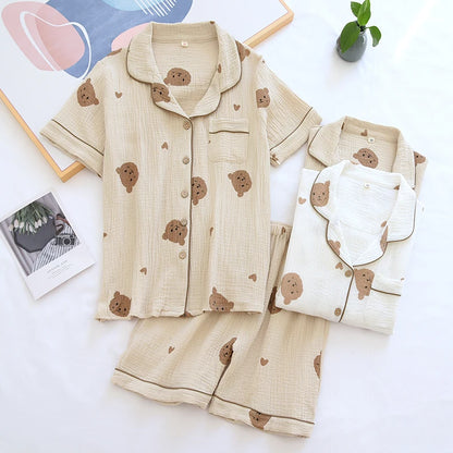 Summer Couple Pure Cotton Cute Bear Pajamas Set Crepe Gauze Sleepwear Female Short Sleeved Pijama Loungewear Crepe Ladies Pyjama