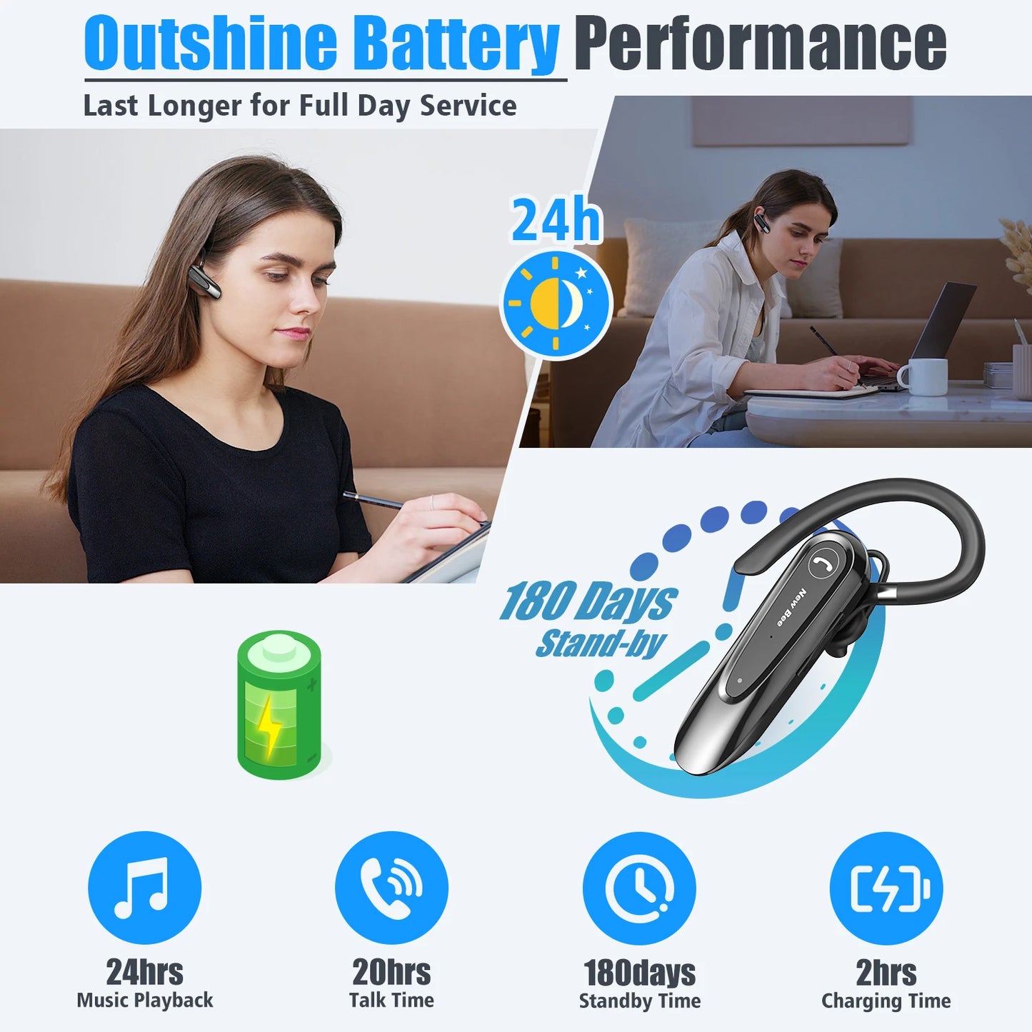 New Bee B45 Wireless Headset Bluetooth 5.0 Earphones Dual Mic Mute Handsfree Earbuds CVC8.0 Noise Reduction for Business Driving