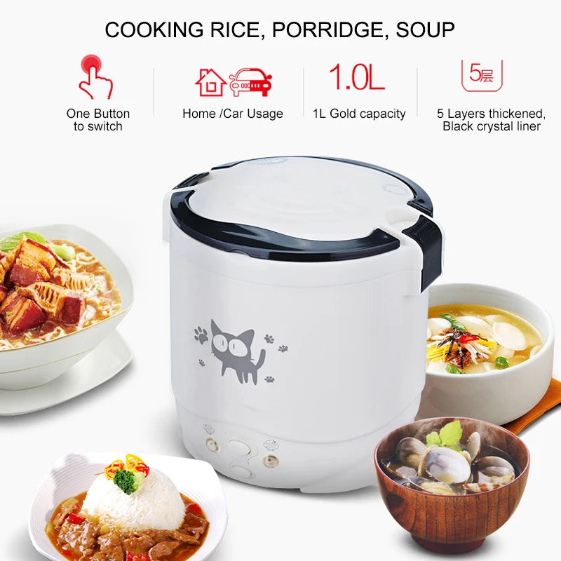 Electric Mini Rice Cooker Portable MultiCooker Household Rice Cookers 12V 24V 220V Pot Cooking Machine Pans For Car Truck Home