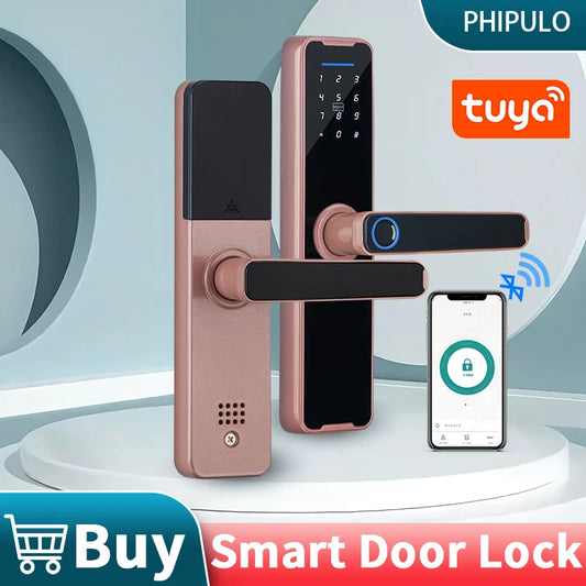 PHIPULO Tuya Smart Door Lock Digital Electronic Lock One-grip Unlock Fingerprint Card Key Tuya Lock Smart Home