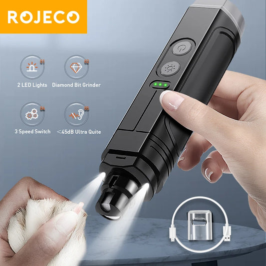 ROJECO P3 Elektrischer Krallenschleifer für Haustiere, professioneller Krallenknipser für Hunde + 2 LED-Lichter, wiederaufladbares Zubehör zur Katzenkrallenpflege