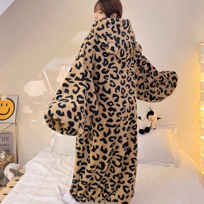 Winter New Hooded Pullover Night-robe Women's Pajamas Set Plush Soft Warm Home Suit Cute Leopard Print Loungewear Women Set