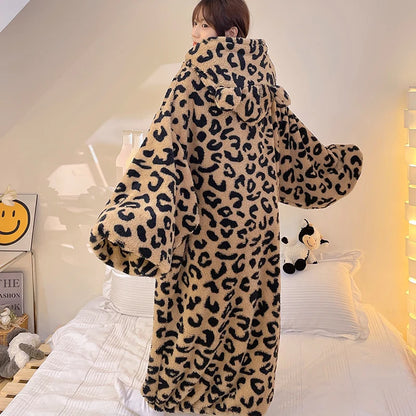 Winter New Hooded Pullover Night-robe Women's Pajamas Set Plush Soft Warm Home Suit Cute Leopard Print Loungewear Women Set