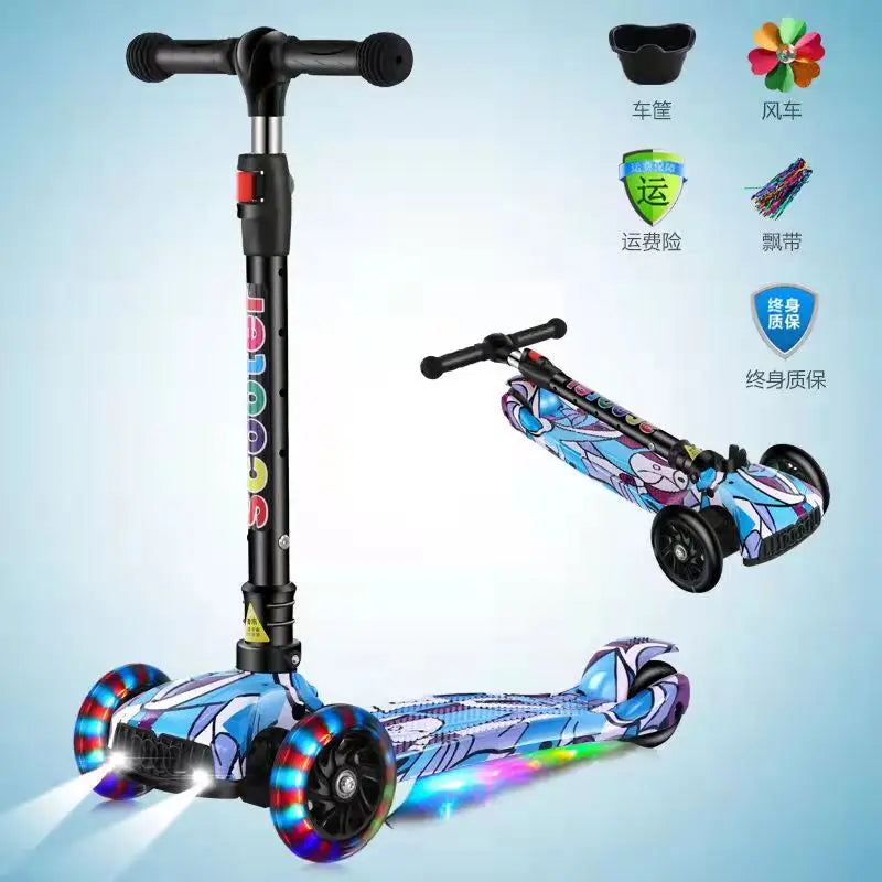 Children Scooter 3 Wheel Scooter with Light Up Flash Wheels Music Scooter For 2-8 Year Kids Adjustable Height Foldable Scooter