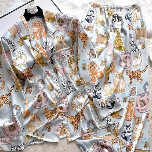 Herbstlicher, weicher Pyjama aus Eisseide für Damen, Cardigan-Set mit Reversknopf für Damen, 2-teilig, süßer Pyjama mit Katzen-Print für Mädchen