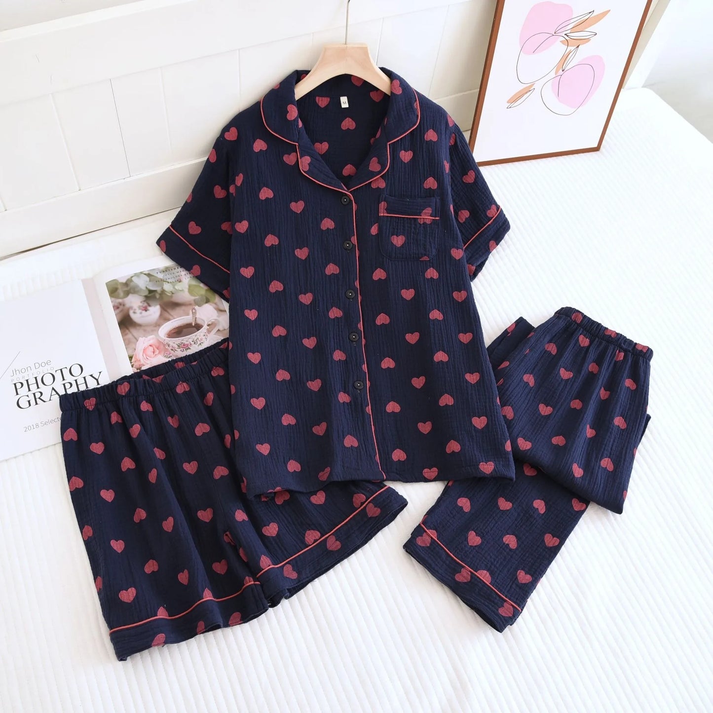 Summer Pajamas Cotton Home Suit Women's Nightie 3Pcs Love Print Night Wear For Women Pyjama Gift Female Underwear Room Wear