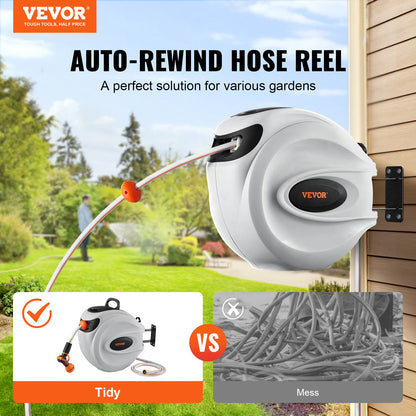 VEVOR Retractable Hose Reel 180° Swivel Bracket Wall-Mounted Garden Water Hose Reel with 9-Pattern Nozzle Automatic Rewind