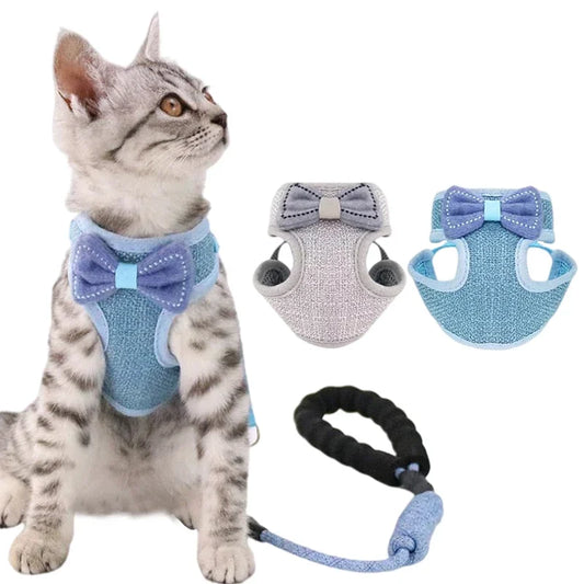 Harnais pour petit chat et chien, ensemble de laisse, accessoires avec nœud papillon, en Nylon, maille réglable, chaton, chiot, avec laisse pour Chihuahua, carlin