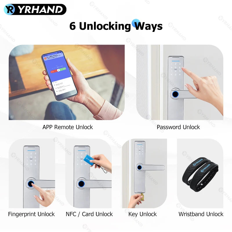 YRHAND K7S New Tuya Wifi Sliver fechadura eletronico digital Biometric Fingerprint Lock App Remote Waterpoof Smart Door Lock