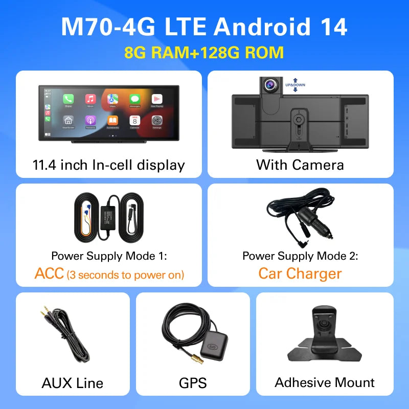 Imagebon M70 11.4" 4G Android 14 8+128G Dashcam 8 Core Wireless CarPlay & Android Auto Split Screen Remote Monitoring Car DVR