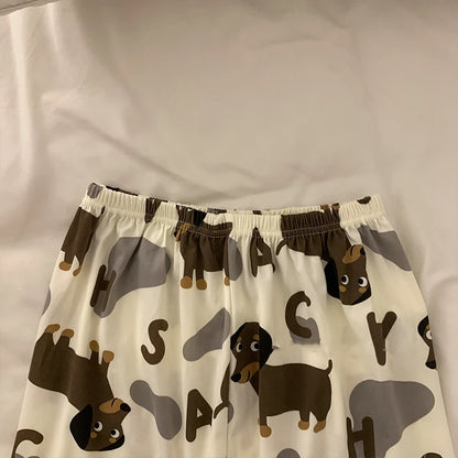 Spring Summer 2024 Cute Women's Pajamas Set Dachshund Print Cotton Two Pieces Short Sleeve Tops Full Length Pants Sleepwear 3991